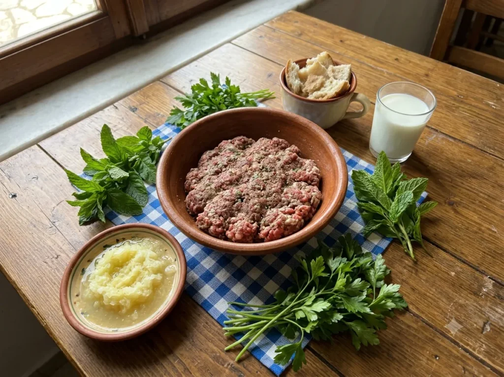 Greek meatball mixture with beef onion garlic and fresh herbs