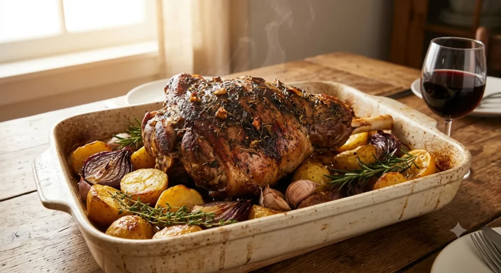 Authentic Roasted Leg of Lamb with lemon potatoes and oregano