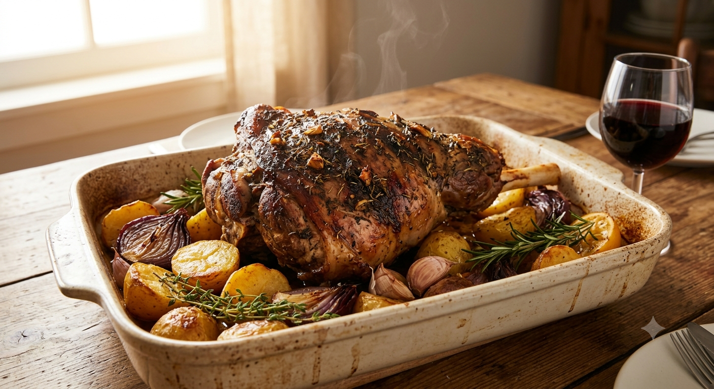 Authentic Roasted Leg of Lamb with lemon potatoes and oregano