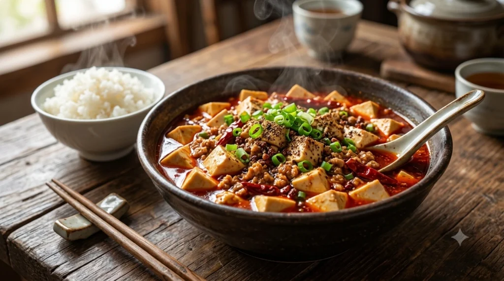 Authentic Mapo Tofu with silky tofu, ground pork, Sichuan peppercorns and chili oil