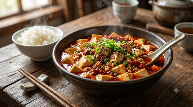 Authentic Mapo Tofu with silky tofu, ground pork, Sichuan peppercorns and chili oil