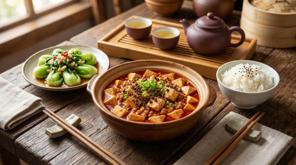 Sichuan Mapo Tofu topped with Sichuan peppercorns and chili oil
