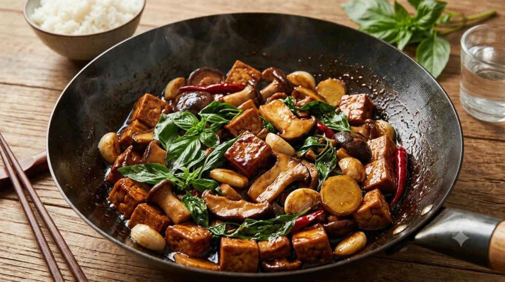 Garlic and ginger cooking in sesame oil for Three Cup Chicken