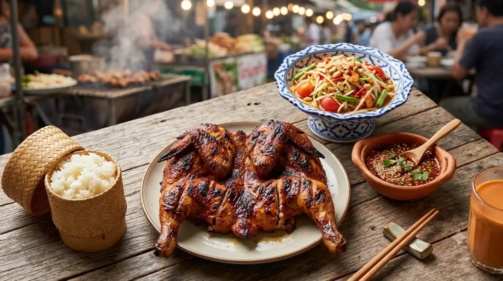 Authentic Thai grilled chicken Gai Yang with crispy charred skin and Nam Jim Jaew
