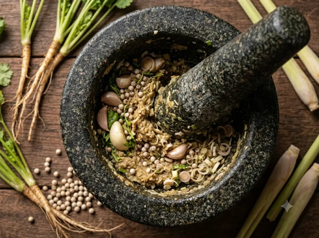 Garlic, coriander root and lemongrass ingredients for Thai Gai Yang marinade