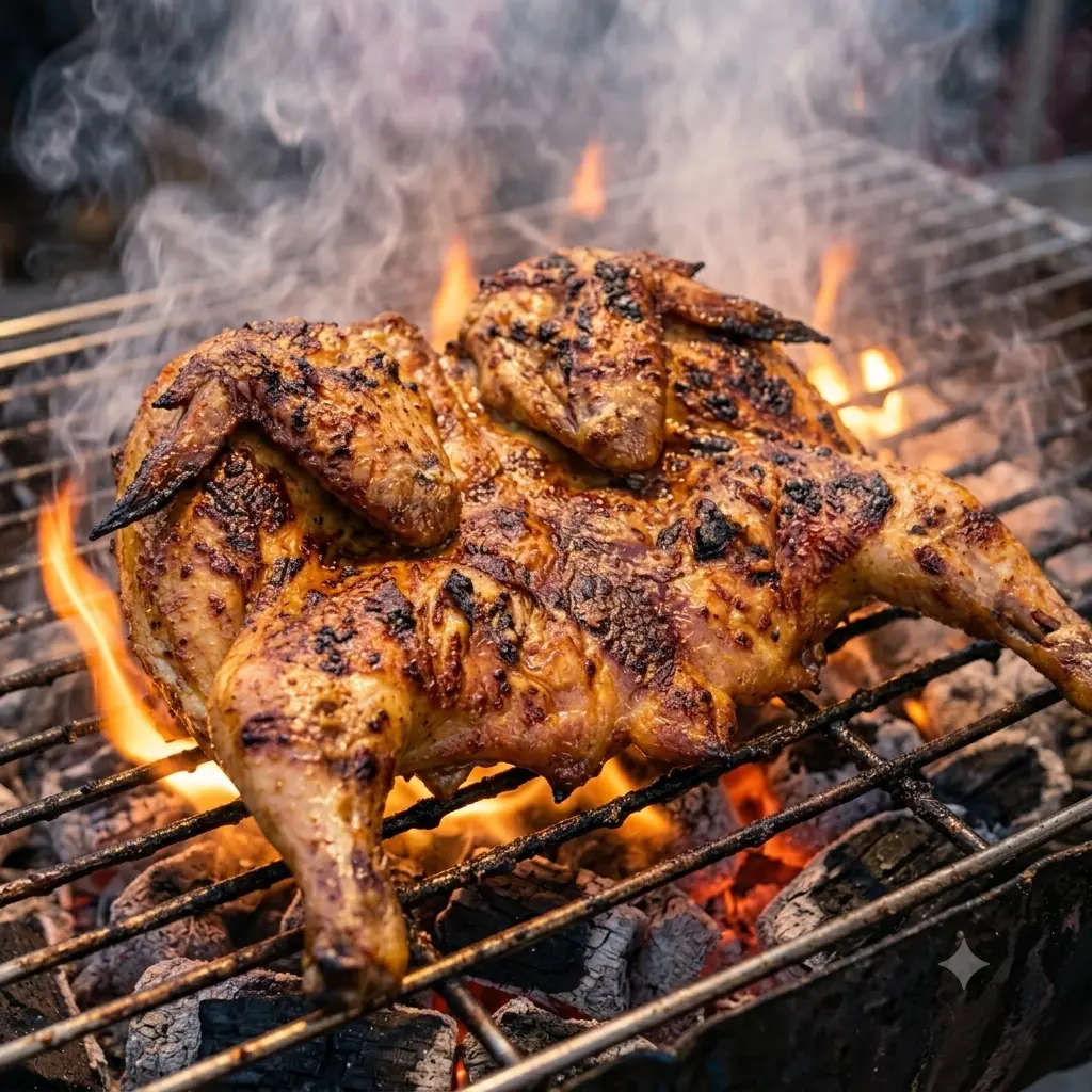 Gai Yang Thai chicken grilling over charcoal until deeply charred