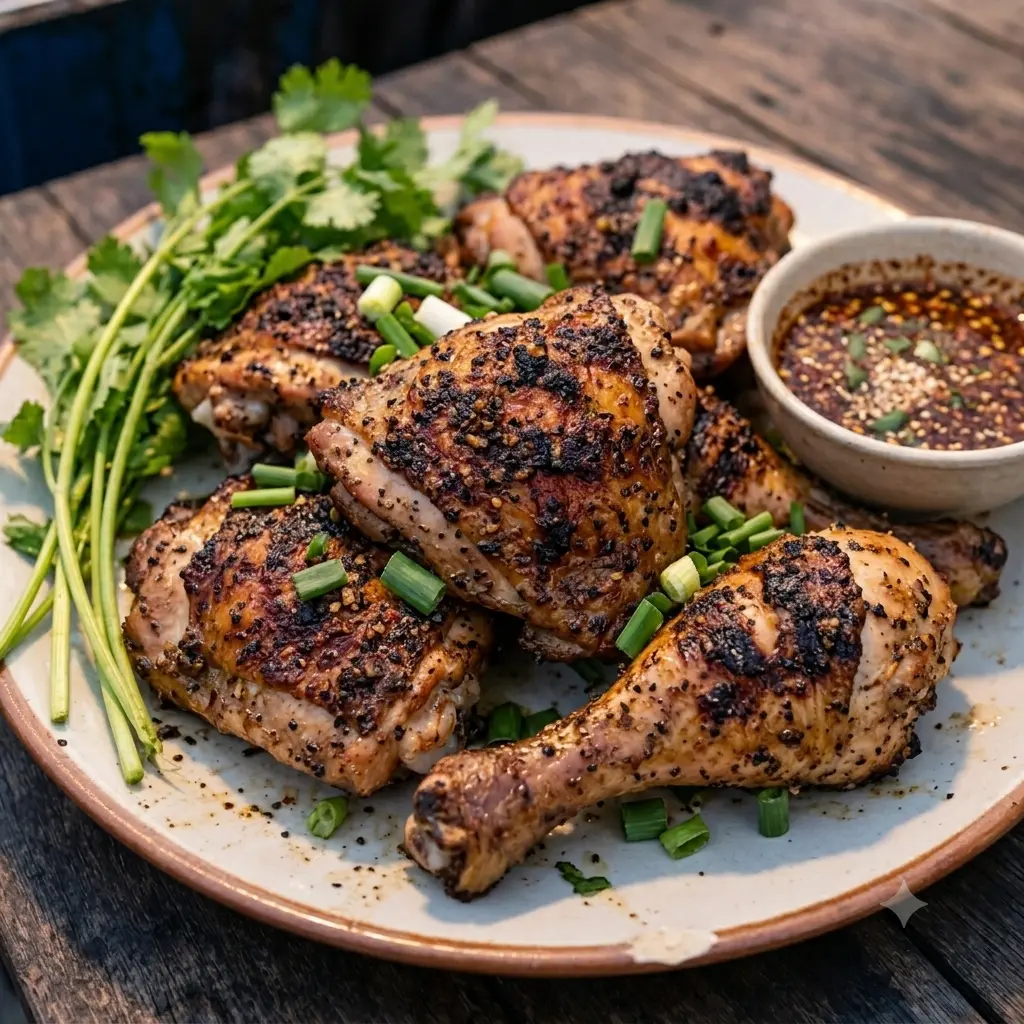 Two-zone charcoal grill setup for cooking Thai Gai Yang chicken