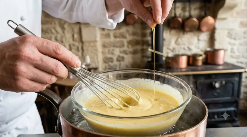 Whisking egg yolks and clarified butter to make Béarnaise sauce