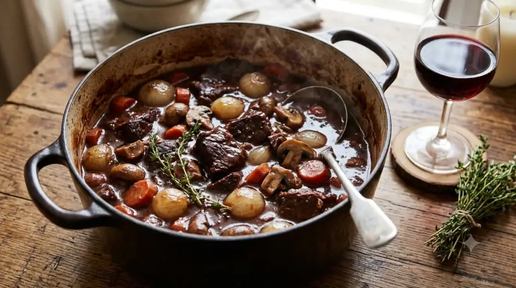 Classic Beef Bourguignon with tender beef, red wine sauce, mushrooms and pearl onions