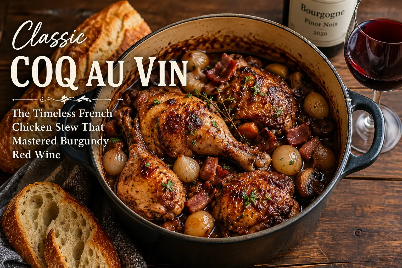 Classic Coq au Vin with chicken, Burgundy wine, mushrooms and pearl onions