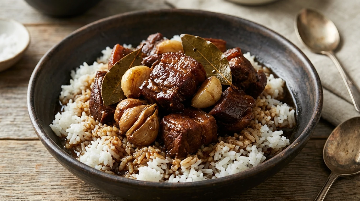 Filipino Pork Adobo with tender pork, garlic, vinegar, and soy sauce