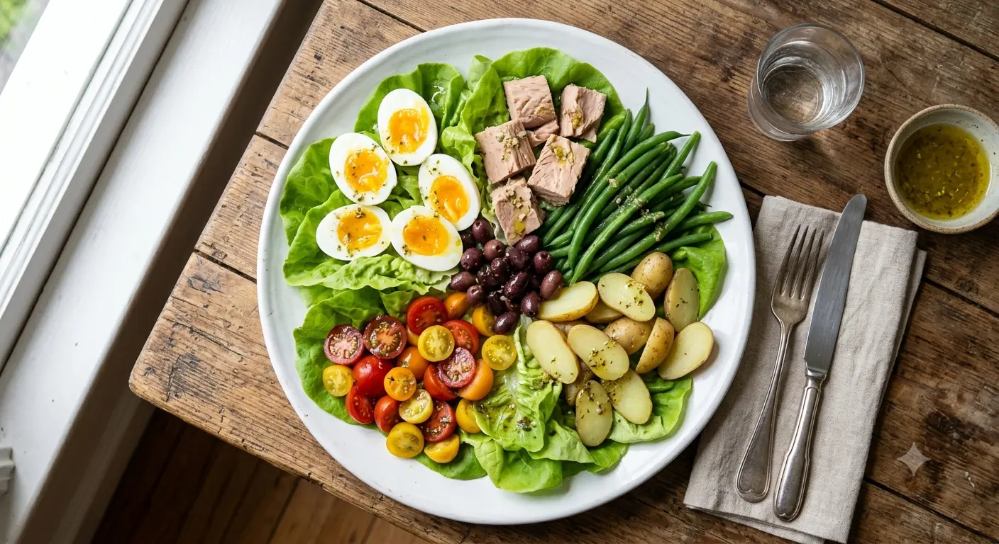 Classic Salade Niçoise with tuna, eggs, potatoes and green beans