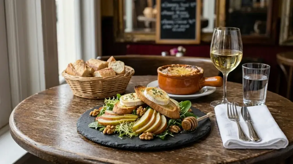 Warm French goat cheese salad with walnuts and toasted baguette