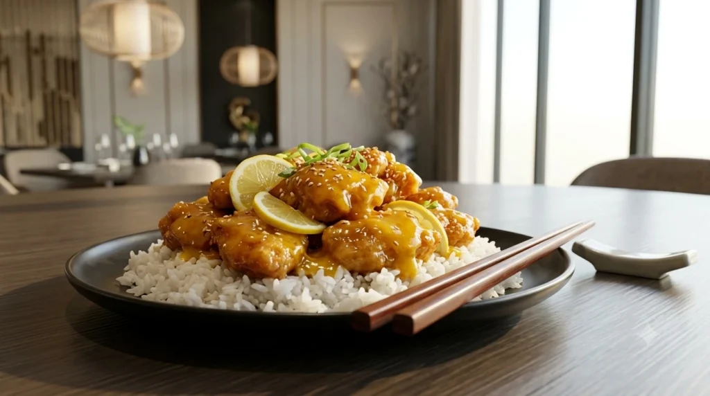 Crispy Chinese lemon chicken with sweet and tangy lemon sauce