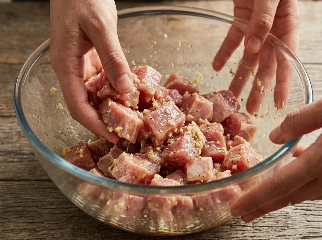Pork shoulder pieces prepared for Thai crispy pork bites