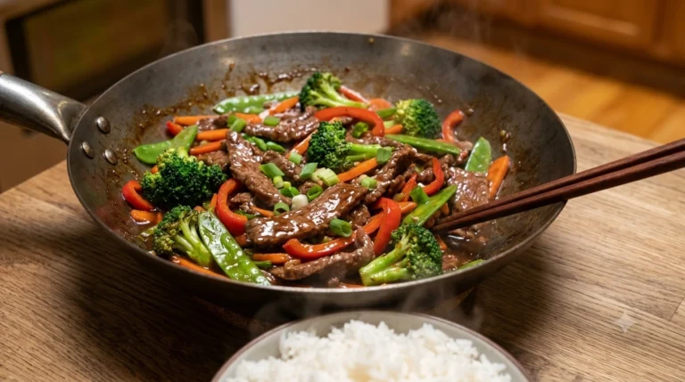 Chinese beef stir fry with tender beef, crisp vegetables and glossy sauce