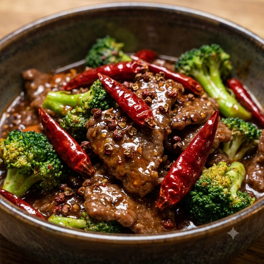 Extra-spicy Chinese beef stir fry with fresh red chilies and chili garlic sauce