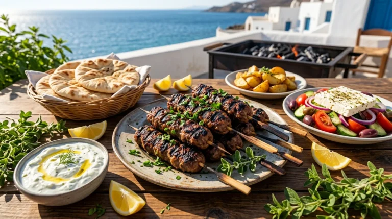 Juicy Greek kofta kebabs with lamb, beef, fresh herbs, garlic, and charred edges