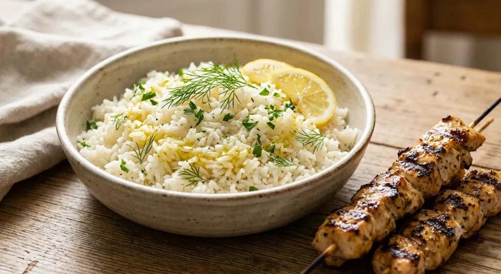 Greek lemon rice with fresh herbs and lemon