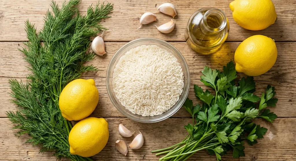 Ingredients for Greek lemon rice with lemons garlic rice and herbs