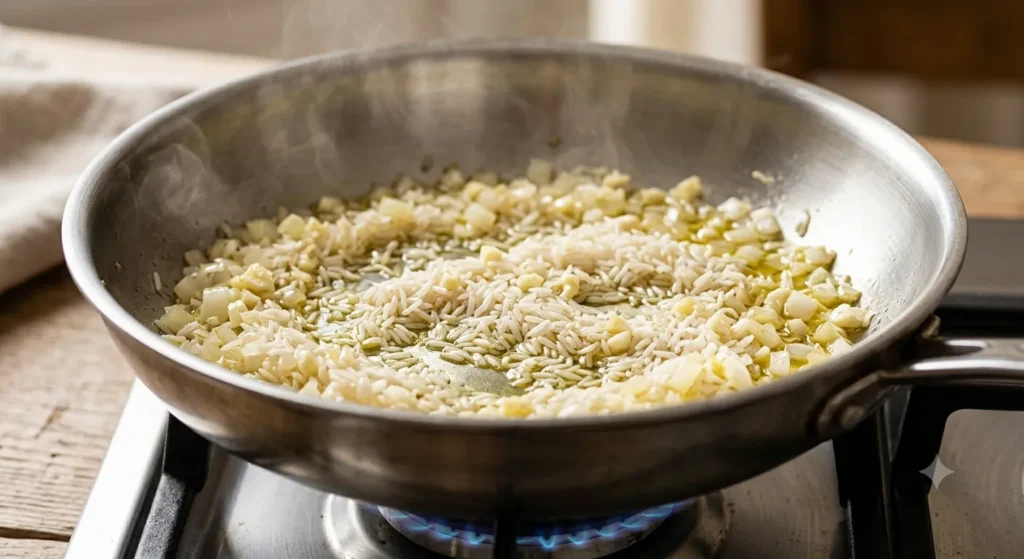Toasting rice with onion and garlic in olive oil