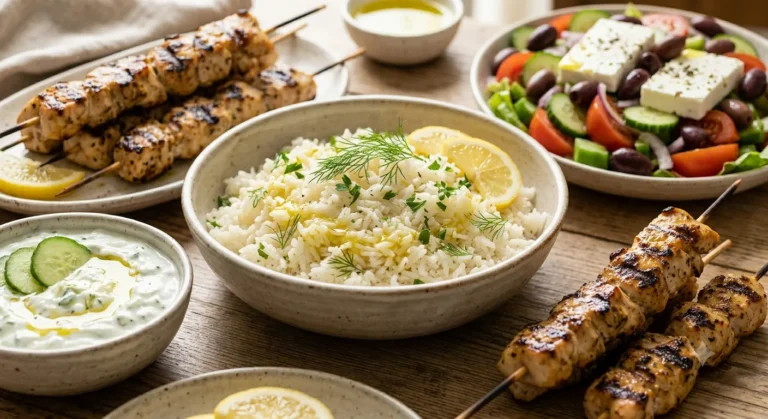 Authentic Greek lemon rice with fresh herbs and lemon