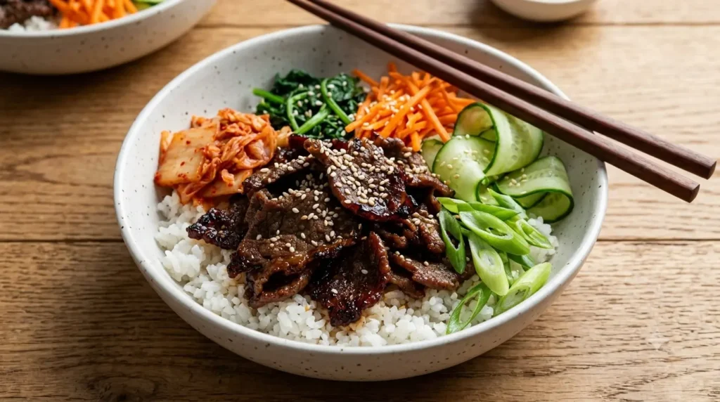 Korean beef bulgogi rice bowl with caramelized beef, steamed rice, vegetables, and kimchi