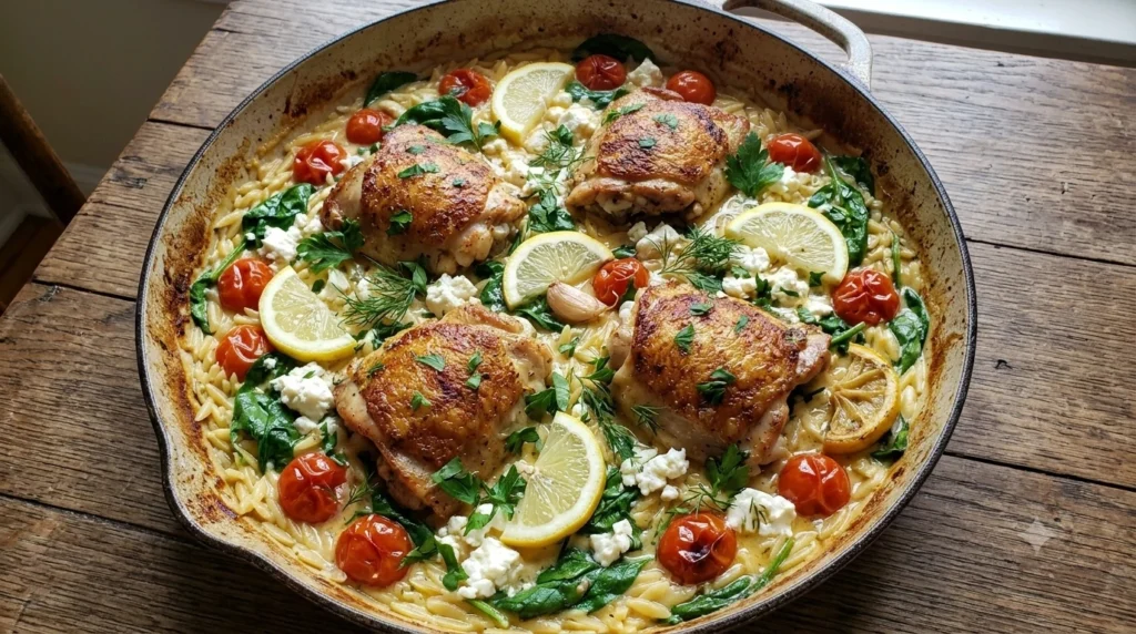 Greek chicken risoni with feta, spinach, cherry tomatoes and lemon