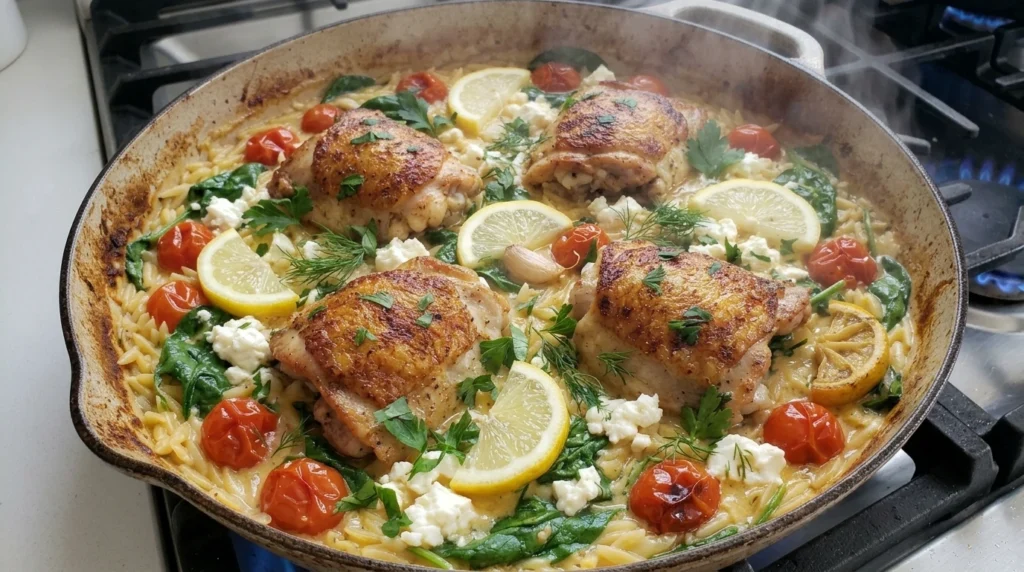 Golden seared chicken thighs with creamy Greek risoni