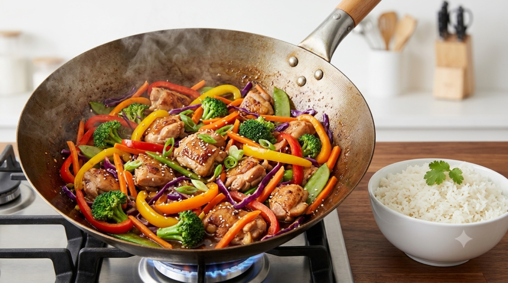 Rainbow Chicken Stir Fry with colorful vegetables and tender chicken