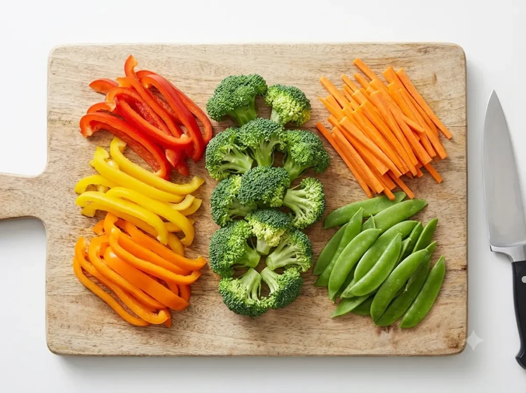 Ingredients for Rainbow Chicken Stir Fry with chicken, peppers, broccoli, carrots and cabbage