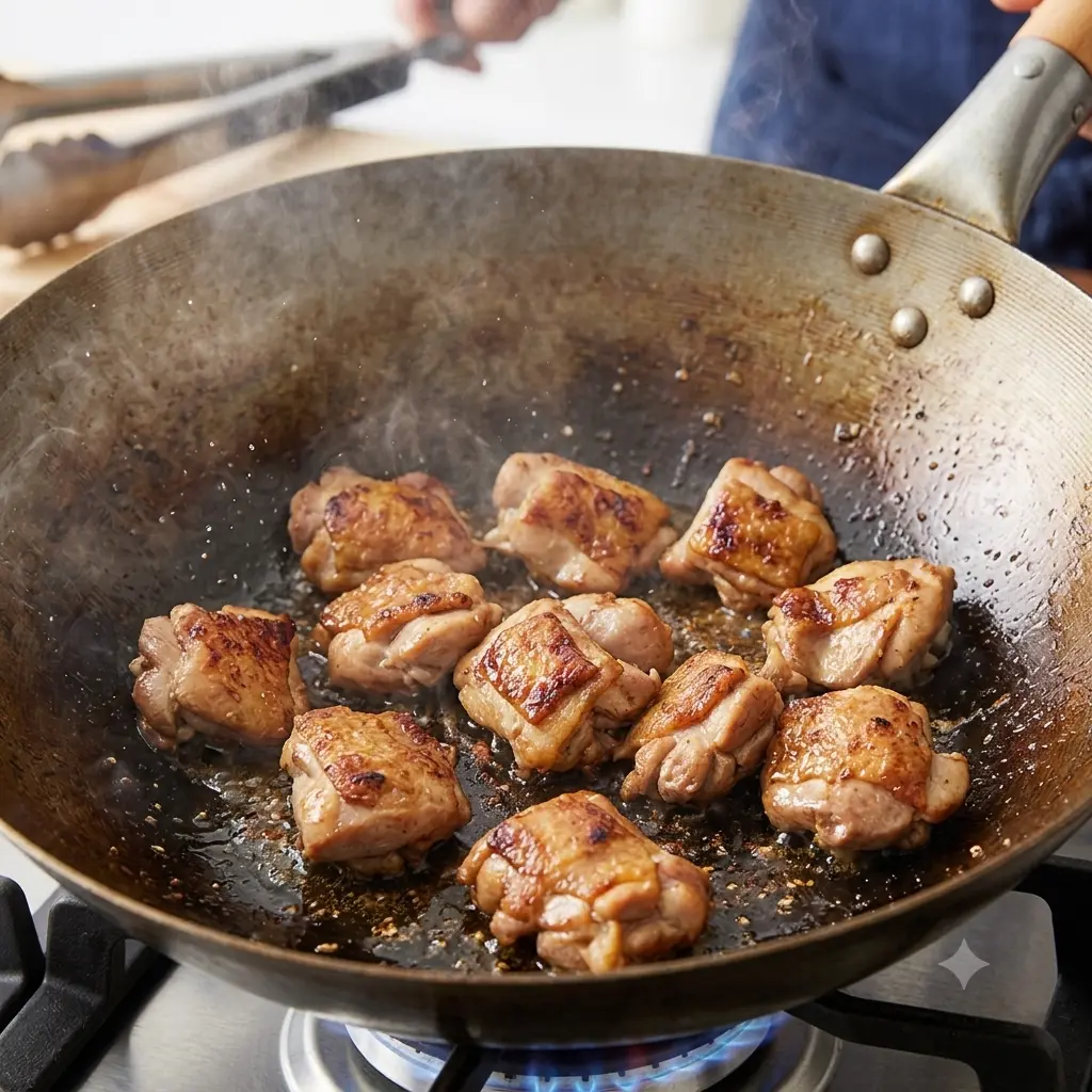 Sliced chicken prepared for stir-frying with cornstarch and soy sauce
