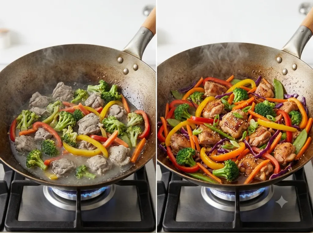 Sliced bell peppers, broccoli, carrots, snow peas and purple cabbage for stir fry