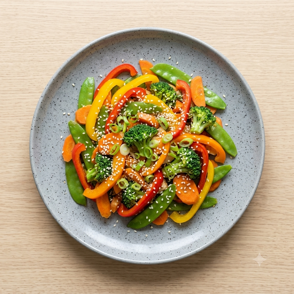 Colorful chicken stir fry with red, yellow and orange peppers, broccoli and purple cabbage