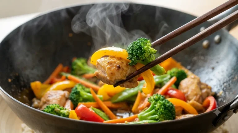 Sliced bell peppers, broccoli, carrots, snow peas and purple cabbage for stir fry