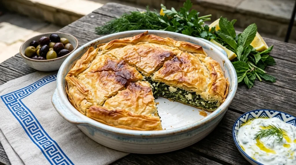 Crispy Greek Spanakopita spinach pie with feta and flaky phyllo pastry