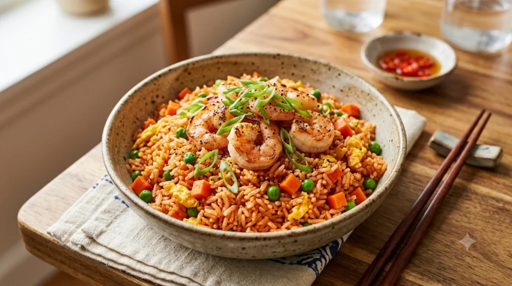 Vietnamese red fried rice with tomato, garlic, eggs, carrots, peas, and scallions