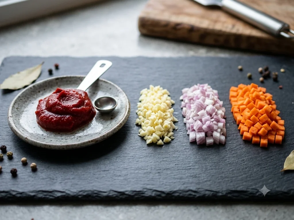 Ingredients for Vietnamese red fried rice with tomato paste and garlic