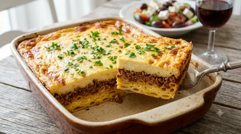 Sliced authentic Pastitsio Greek beef pasta bake showing creamy béchamel and meat sauce layers