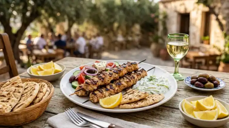 Greek food spread under the Mediterranean sun.