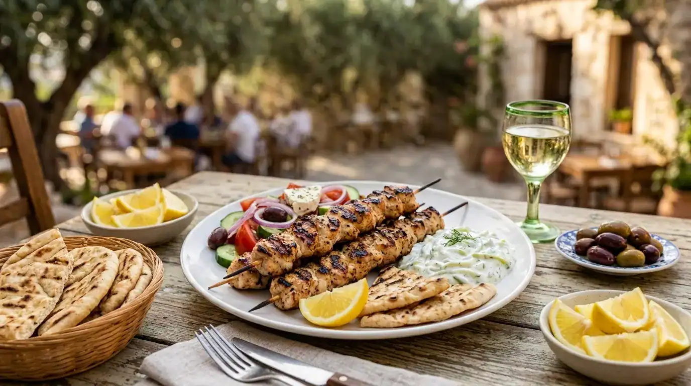 Greek food spread under the Mediterranean sun.