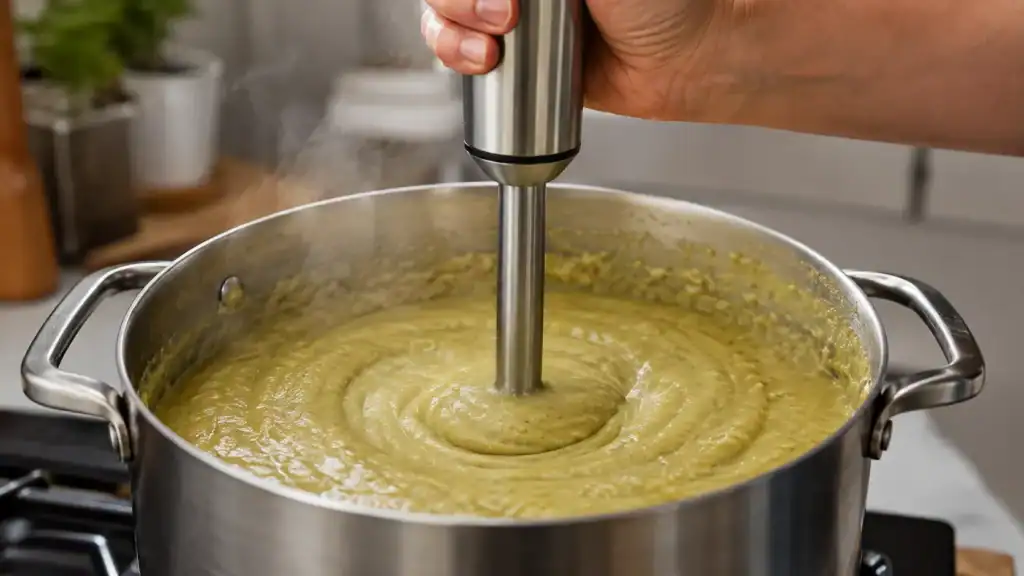 Cooked fava bean soup blended smoothly with an immersion blender