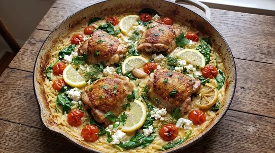 Greek chicken risoni with feta, spinach, cherry tomatoes and lemon