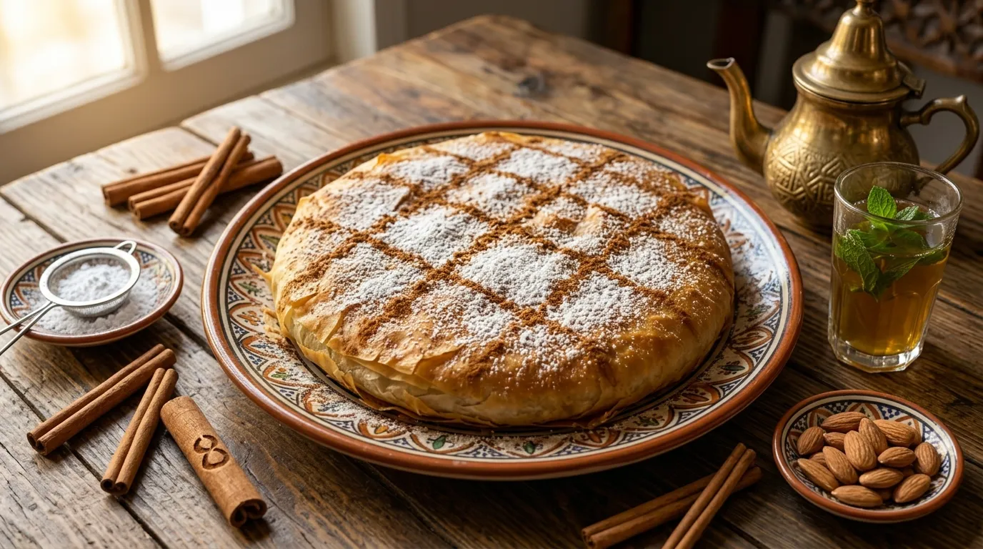 Moroccan Pastilla dusted with powdered sugar and cinnamon, placed on a decorative ceramic plate and surrounded by cinnamon sticks, a bowl of almonds, a brass teapot, and fresh mint tea.