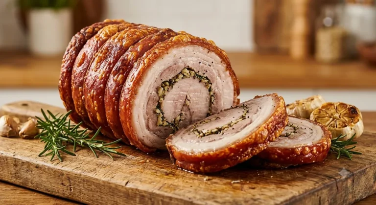 Authentic Italian porchetta with crispy crackling sliced on a rustic wooden board