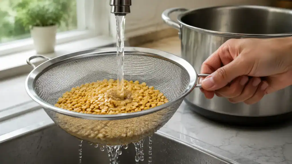 Dried split fava beans rinsing in a fine-mesh kitchen strainer