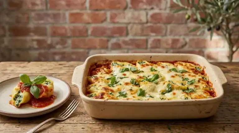 Baked pasta shells filled with spinach and ricotta, topped with golden mozzarella, fresh basil, and marinara sauce.