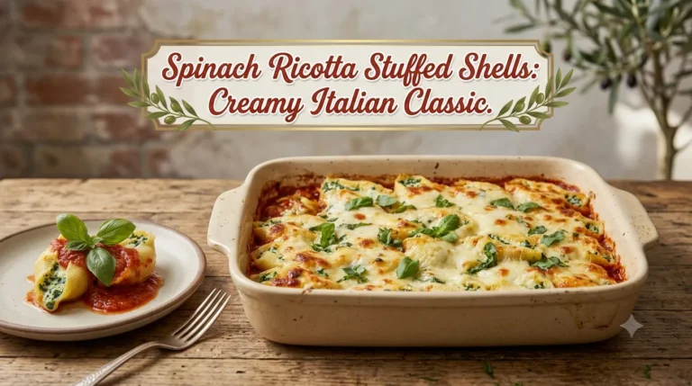 Baked pasta shells filled with spinach and ricotta, topped with golden mozzarella, fresh basil, and marinara sauce.