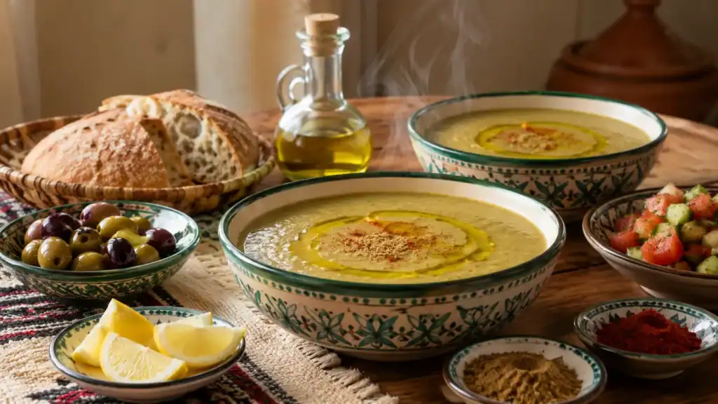 Hot Bissara with bread, olives, lemon, oil, and spices