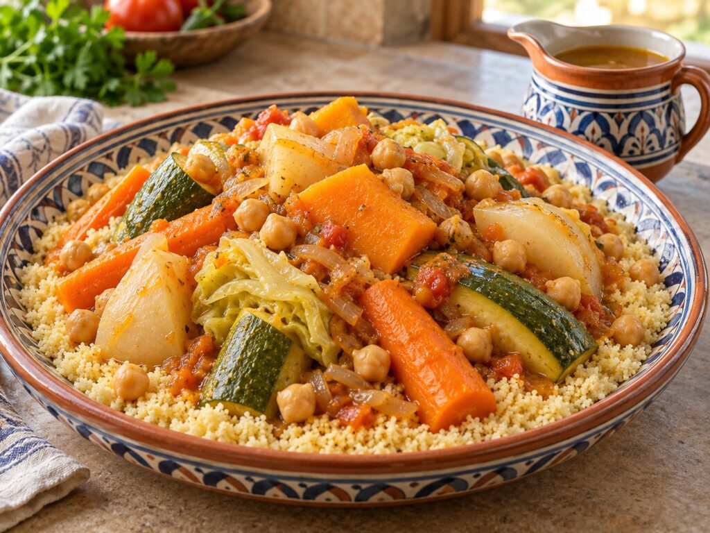 Couscous aux légumes et pois chiches sans viande, illustration générée par IA.